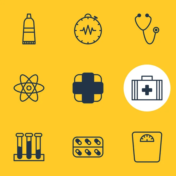 Illustration vectorielle de 9 icônes médicales. Pack modifiable de molécules, produits pharmaceutiques, légumineuses et autres éléments . — Image vectorielle