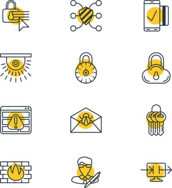 12 Internet güvenlik simgeler vektör Illustration. Güvenli depolama, kamera, bozuk posta ve diğer öğeleri düzenlenebilir sürüsü.