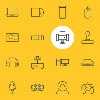 16 Aksesuar simgeler vektör Illustration. Dvd sürücü, ses kayıt, Joypad ve diğer öğeleri düzenlenebilir sürüsü.