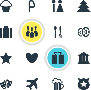 16 yerde simgeler vektör Illustration. Kalp, orman, üniversite ve diğer öğeleri düzenlenebilir paketi.