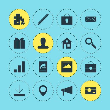 16 Internet simgeler vektör Illustration. Anahtar deliği, harita işaretçi, kalem ve diğer öğeleri düzenlenebilir paketi.