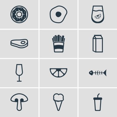 12 çanak simgeler vektör Illustration. Kek, meyve suyu, patates ve diğer öğeleri düzenlenebilir sürüsü.