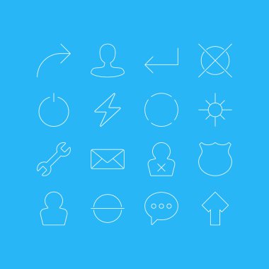 16 kullanıcı arayüzü simgeler vektör Illustration. Bolt, Kaldır, güneş ışığı ve diğer öğeleri düzenlenebilir sürüsü.
