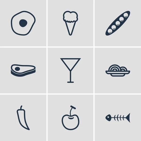 Vektorové ilustrace 9 kuchyně ikon. Upravitelné Pack Martini, míchaná vejce, pohár a jiné prvky. — Stockový vektor
