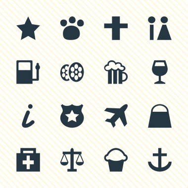 16 seyahat simgeler vektör Illustration. Uçak, eşleme bilgileri, eczane ve diğer öğeleri düzenlenebilir paketi.