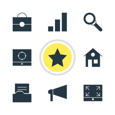 9 Web Simgeler Vektör Illustration. Büyüteç, yer imi, hedef kapsam ve diğer öğeleri düzenlenebilir paketi.