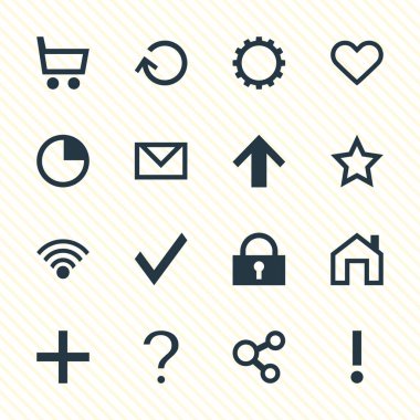 16 üye simgeler vektör Illustration. El arabası, asma kilit, uyarı ve diğer öğeleri düzenlenebilir paketi.