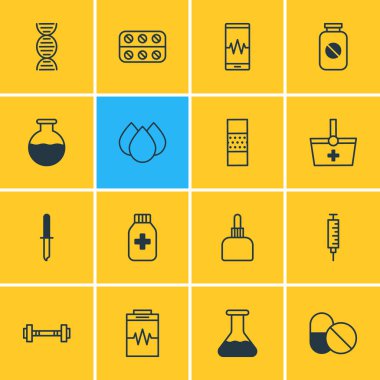 16 Sağlık simgeler vektör Illustration. Pipet, damlama, şişe ve diğer öğeleri düzenlenebilir paketi.