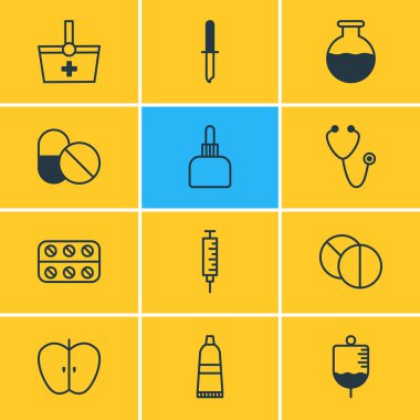 12 sağlık simgeler vektör Illustration. İlaç sürahi, şişe, nabız ve diğer öğeleri düzenlenebilir sürüsü.