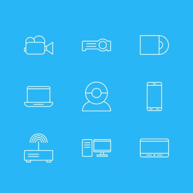 9 teknoloji simgeler vektör Illustration. Bilgisayar, video kamera, akıllı telefon ve diğer öğeleri düzenlenebilir paketi.