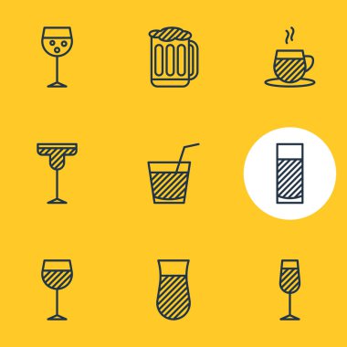 9 simgeler vektör Illustration. Draft, şampanya, kokteyl ve diğer öğeleri düzenlenebilir paketi.