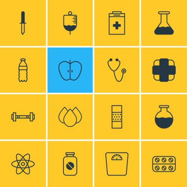 16 Sağlık simgeler vektör Illustration. Aspirin, yardım grubu, Flask öğelerin düzenlenebilir paketi.