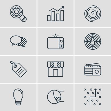 12 reklam simgeler vektör Illustration. Düzenlenebilir paketi FM yayını, daire diyagram, indirim etiketi ve diğer öğeleri.