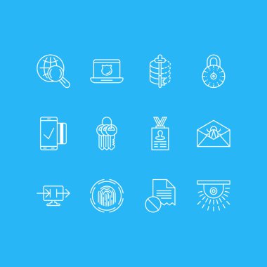 12 veri koruma simgeler vektör Illustration. Kodlayıcı, anahtar toplama, düzenlenebilir paket göndermek bilgi ve diğer öğeleri.