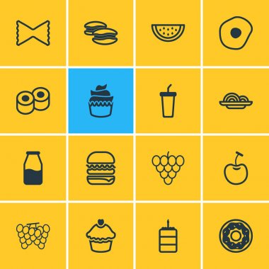 16 yemek simgeler vektör Illustration. Meşrubat, Muscat, makarna ve diğer öğeleri düzenlenebilir paketi.