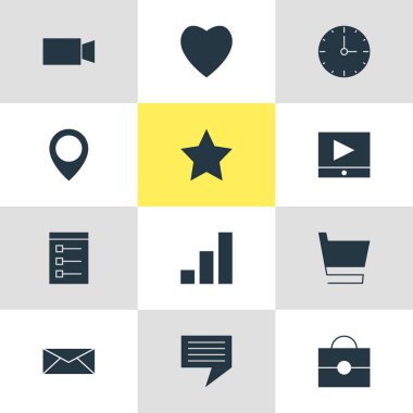 12 Online simgeler vektör Illustration. Portföy, yönetim kurulu, arabası ve diğer öğeleri düzenlenebilir paketi.