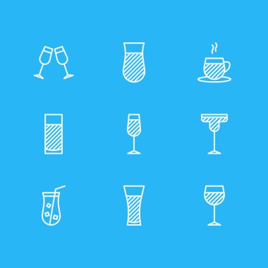 9 içecek simgeler vektör Illustration. Kokteyl, Aqua, çay bardağı ve diğer öğeleri düzenlenebilir paketi.