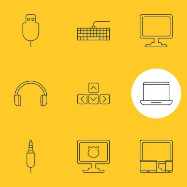 9 dizüstü bilgisayar simgeler vektör Illustration. Seri veri yolu, Qwerty yönetim kurulu, antivirüs ve diğer öğeleri düzenlenebilir paketi.