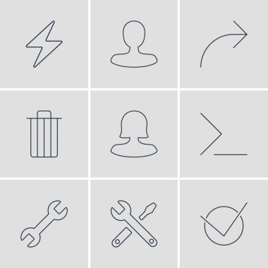9 UI simgeler vektör Illustration. Başlangıç, İngiliz anahtarı, bakım ve diğer öğeleri düzenlenebilir paketi.