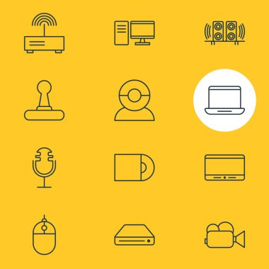 12 Aksesuar simgeler vektör Illustration. İmleç denetleyicisi, Dvd sürücü, bellek depolama ve diğer öğeleri düzenlenebilir sürüsü.