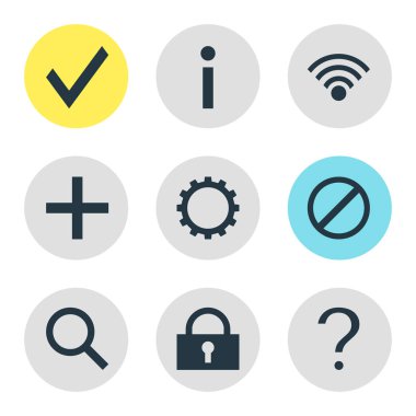 9 üye simgeler vektör Illustration. Dişli, düzenlenebilir paket aramak, onaylayın ve diğer öğeleri.