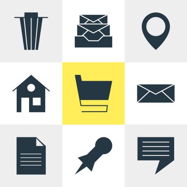 9 Web Simgeler Vektör Illustration. Çöp kutusu, raptiye, arabası ve diğer öğeleri düzenlenebilir paketi.