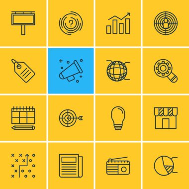 16 sosyal simgeler vektör Illustration. Daire diyagram, zamanlama, Fm yayın ve diğer öğeleri düzenlenebilir paketi.