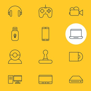 12 Aksesuar simgeler vektör Illustration. Kulaklýklý mikrofon seti, Dvd sürücü, Usb kart ve diğer öğeleri düzenlenebilir sürüsü.