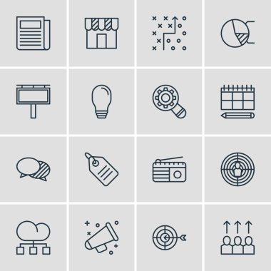 16 reklam simgeler vektör Illustration. Daire diyagram, Dükkanı, düzenlenebilir bohça indirim etiketi ve diğer öğeleri.