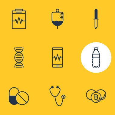 9 tıbbi simgeler vektör Illustration. Pipet, antibiyotik, antikor ve diğer öğeleri düzenlenebilir paketi.