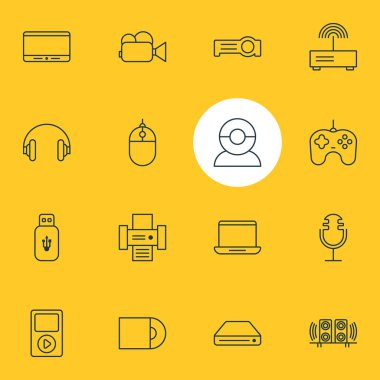 16 Gadget simgeler vektör Illustration. Fotokopi makinesi, ışıldak, imleç denetleyicisi ve diğer öğeleri düzenlenebilir paketi.