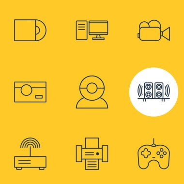 9 aygıt simgeler vektör Illustration. Fotokopi makinesi, Pc, görüntülü sohbet ve diğer öğeleri düzenlenebilir paketi.