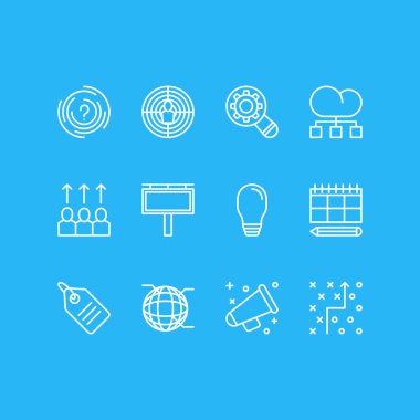 12 pazarlama simgeler vektör Illustration. Düzenlenebilir Pack taktik planı, Labirent, bulut dağıtım ve diğer öğeleri.