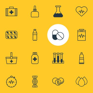 16 tıbbi simgeler vektör Illustration. Genom, şişe, plastik şişe ve diğer öğeleri düzenlenebilir paketi.
