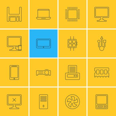 16 Notebook simgeler vektör Illustration. Ana bilgisayar, yazıcı, erişim engellendi ve diğer öğeleri düzenlenebilir paketi.