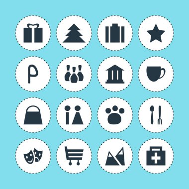16 harita simgeler vektör Illustration. Coffee Shop, Pet Shop, evrak ve diğer öğeleri düzenlenebilir sürüsü.