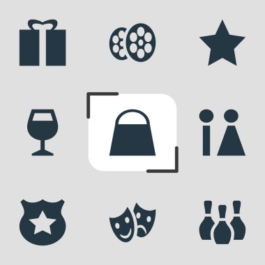 9 yer simgeler vektör Illustration. El çantası, maskeler, yer imi öğeleri düzenlenebilir paketi.