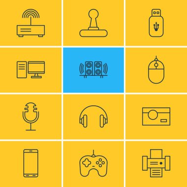12 donanım simgeler vektör Illustration. Kulaklık, Joypad, ses kayıt ve diğer öğeleri düzenlenebilir paketi.