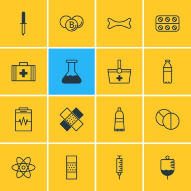 16 Sağlık simgeler vektör Illustration. Pipet, sepet, Band Aid öğelerin düzenlenebilir paketi.