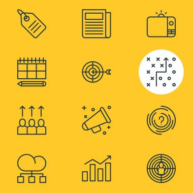 12 pazarlama simgeler vektör Illustration. Labirent, duyuru, günlük basın ve diğer öğeleri düzenlenebilir paketi.