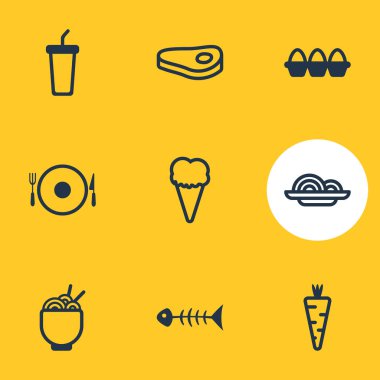 9 mutfağı simgeler vektör Illustration. Makarna, sebze, iskelet ve diğer öğeleri düzenlenebilir paketi.