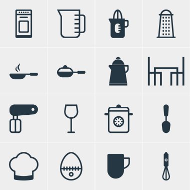 16 Restoran simgeler vektör Illustration. Dilimleyici, Shaker, çay ve diğer öğeleri düzenlenebilir paketi.