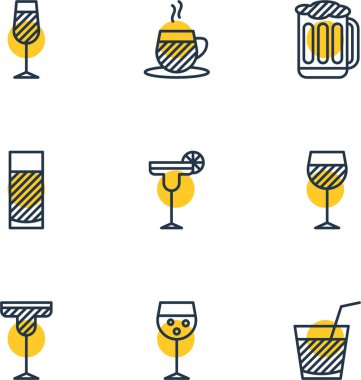 9 içecekler simgeler vektör Illustration. Bardağı, içki, kokteyl ve diğer öğeleri düzenlenebilir paketi.