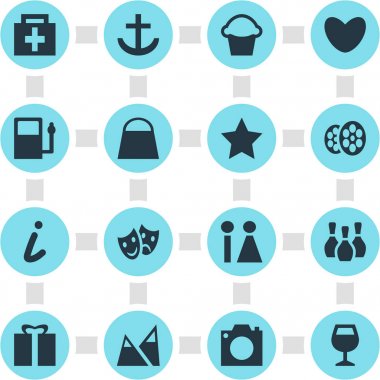 Check-In 16 simgeler vektör Illustration. Maskeler, eczane, kalp ve diğer öğeleri düzenlenebilir sürüsü.