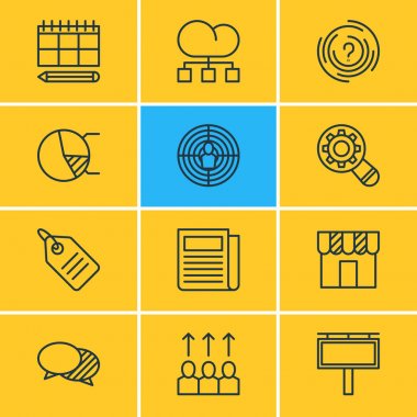 12 Ad simgeler vektör Illustration. Düzenlenebilir paket Dükkanı, bulut dağıtım, zamanlama ve diğer öğeleri.