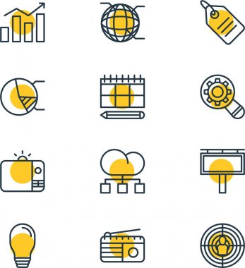 12 sosyal simgeler vektör Illustration. Zamanlama, daire diyagramı, ağ ve diğer öğeleri düzenlenebilir paketi.