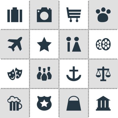 16 seyahat simgeler vektör Illustration. Maskeler, fotoğraf aygıt, bira bardağı ve diğer öğeleri düzenlenebilir paketi.