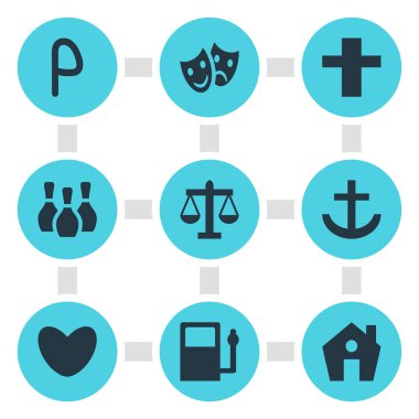 Check-In 9 simgeler vektör Illustration. Ölçekler, yakıt ikmali, çapa ve diğer öğeleri düzenlenebilir sürüsü.