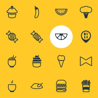 16 gıda simgeler vektör Illustration. Düzenlenebilir paket patates, sandviç, patlıcan öğeleri.