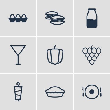 9 yemek simgeler vektör Illustration. Garson, bisküvi ve diğer öğeleri yumurta kapsayıcısının düzenlenebilir paketi.